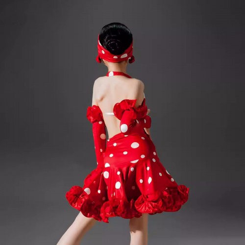 Girls kids red polka dot competition ballroom latin dance dresses salsa rumba chacha flamenco stage performance costumes for children